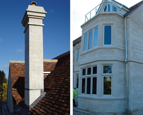 Portland stone town wall, key side steps and chimney